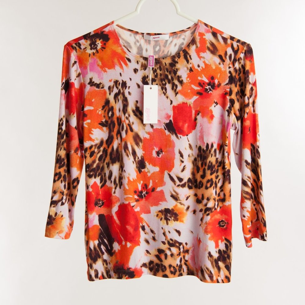 Leggiadro 3/4 Sleeve Printed Viscose Crew Neck Tee - Coral Floral Leopard Print